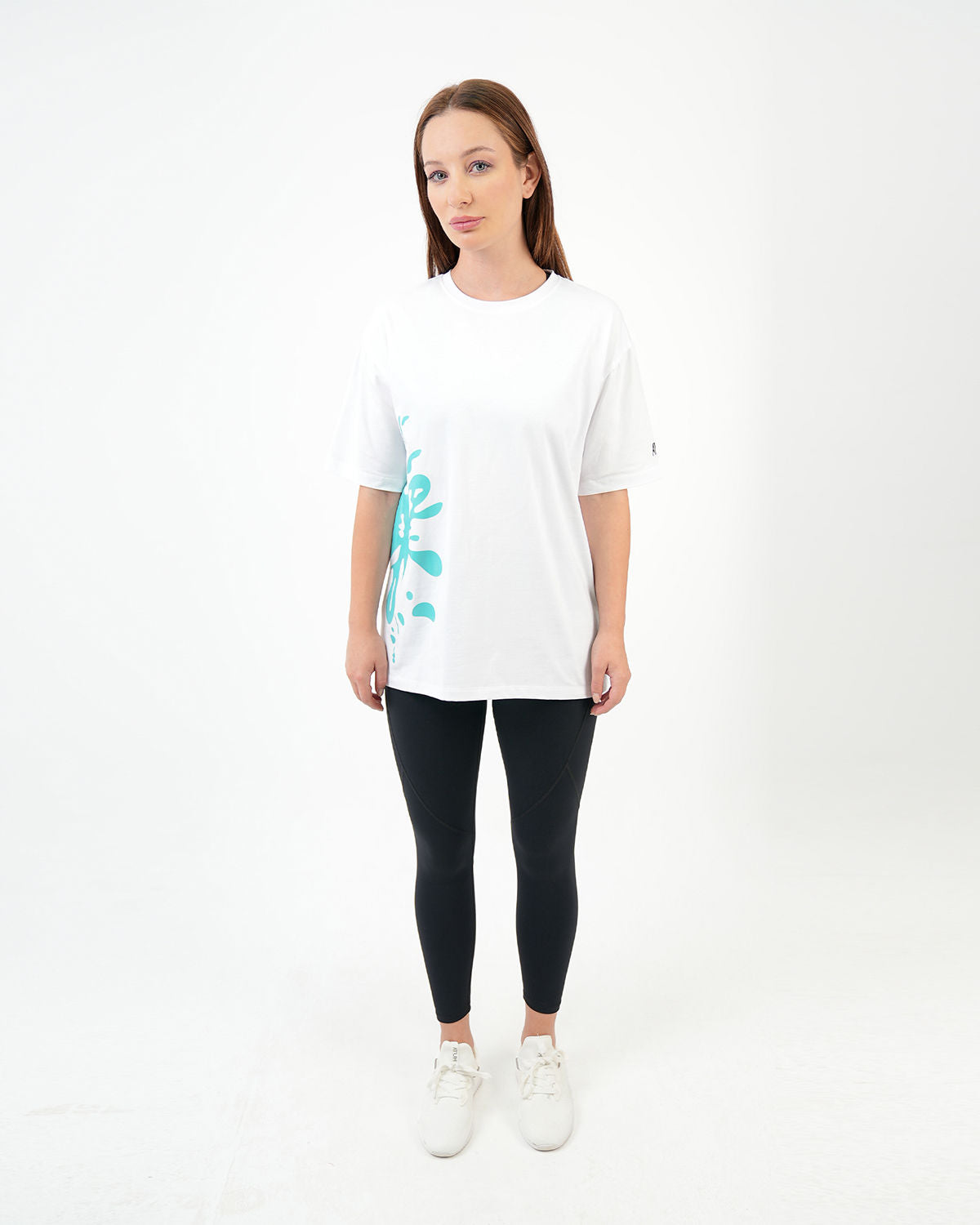 ATUM| Oversized Splash Women's T-Shirt - White With DarkTurquoise panting 