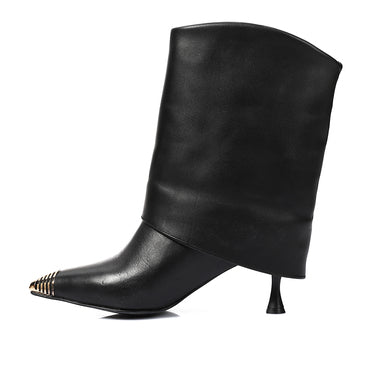 Black Genuine Leather Mid-heel Ankle Boots