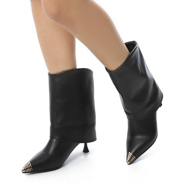 Black Genuine Leather Mid-heel Ankle Boots