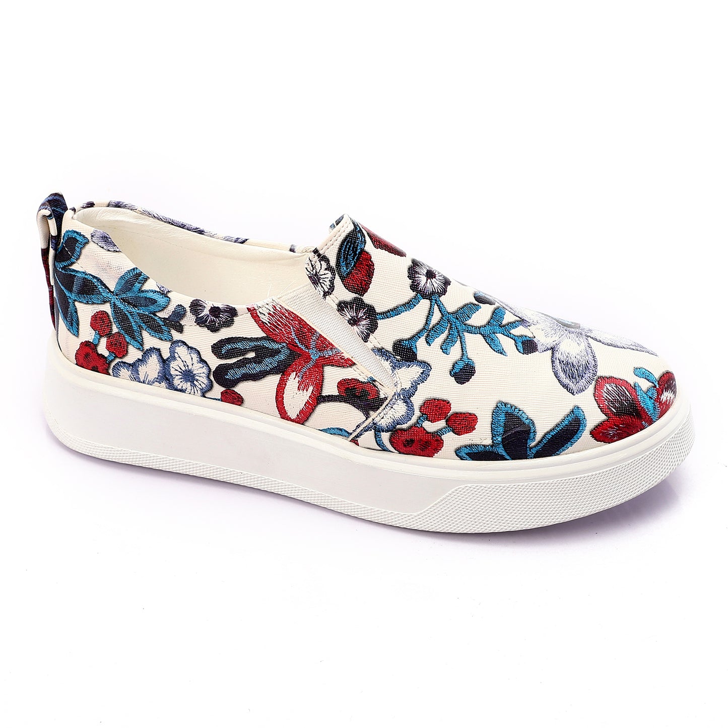 Blue Textured Floral Leather Flat Shoes