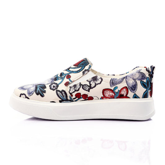 Blue Textured Floral Leather Flat Shoes