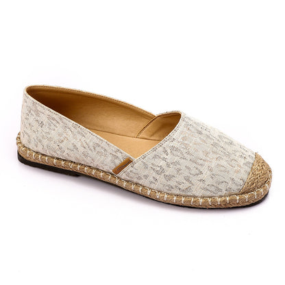 Beige Straw Round Toe Printed Espadrille