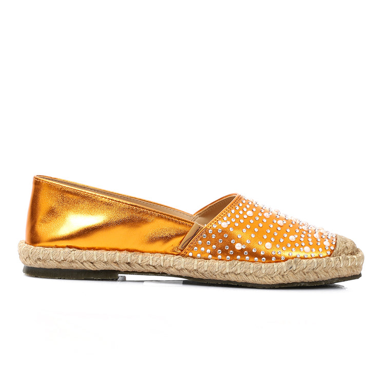 Orange Rhinestones Slip on Flat Shoes