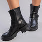 Black Side Buckle Leather Half Boots