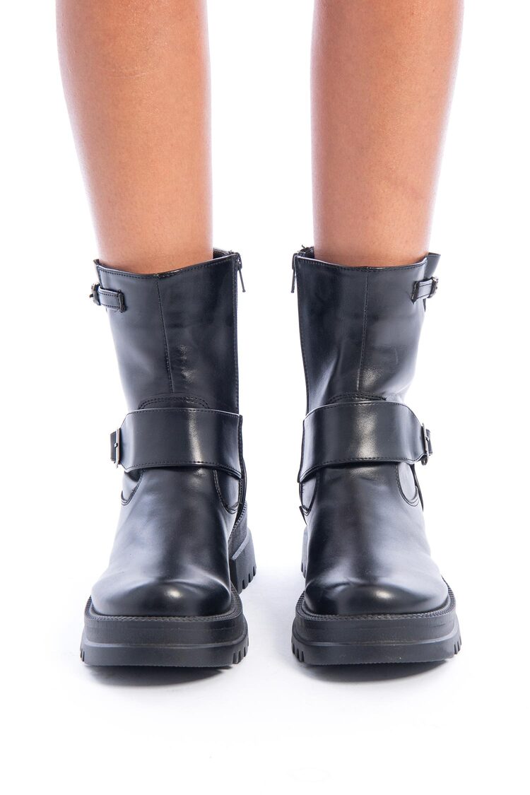 Black Side Buckle Leather Half Boots