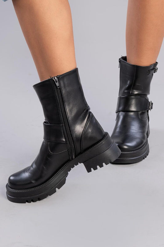 Black Side Buckle Leather Half Boots