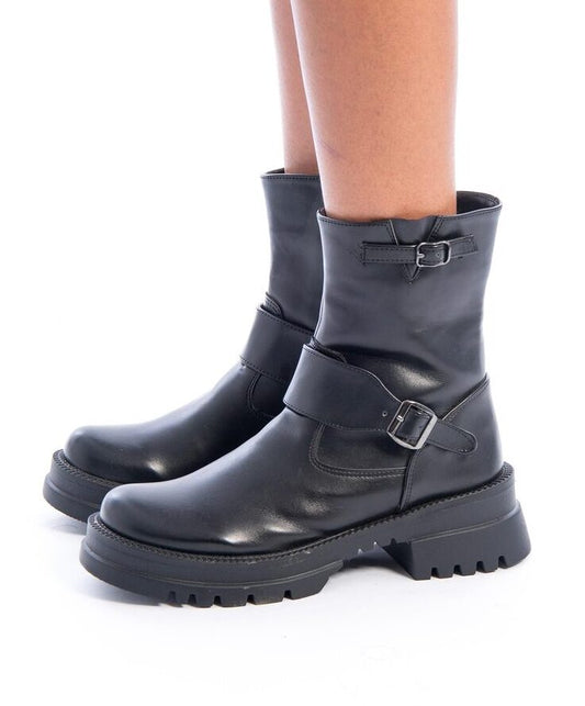 Black Side Buckle Leather Half Boots