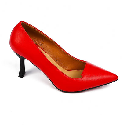 Red Leather Pointed Mid Heel Pumps