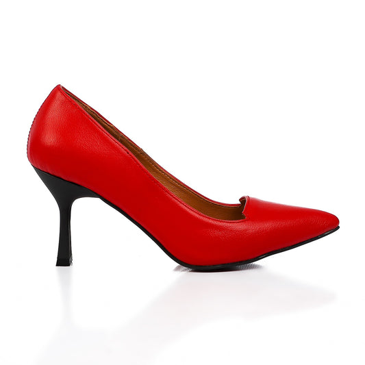 Red Leather Pointed Mid Heel Pumps