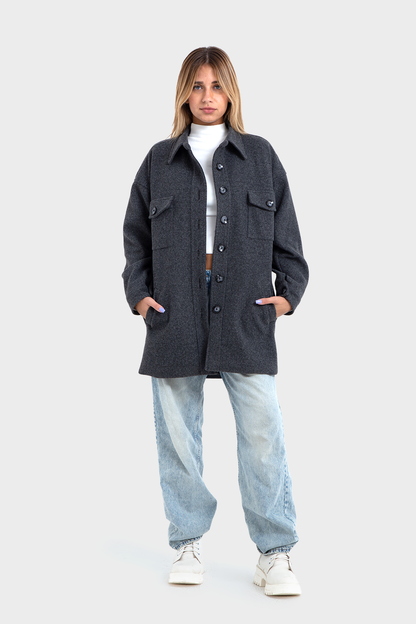 جاكيت بتصميم قميص أوفر سايز رمادي غامق، بريميوم لاين