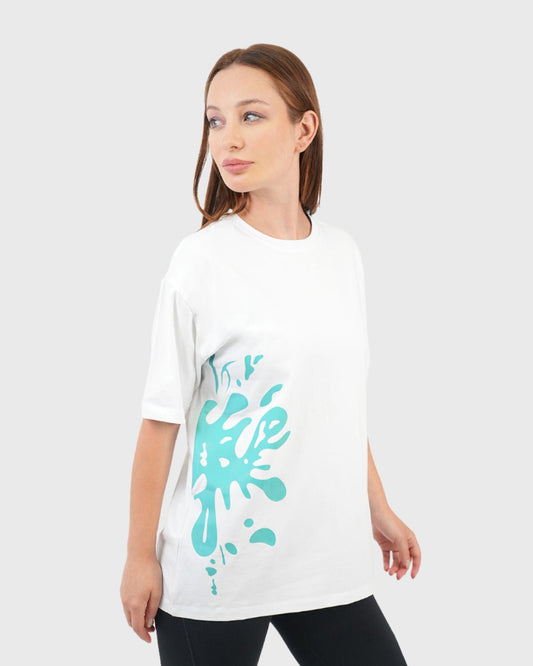 ATUM| Oversized Splash Women's T-Shirt - White With DarkTurquoise panting 