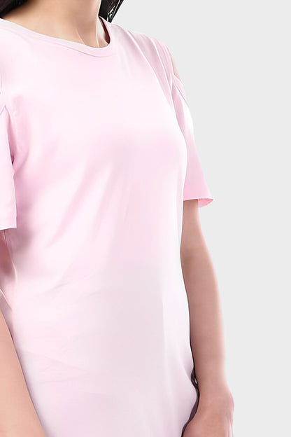 Plain Round Neck Short Night Gown With Cold Shoulders