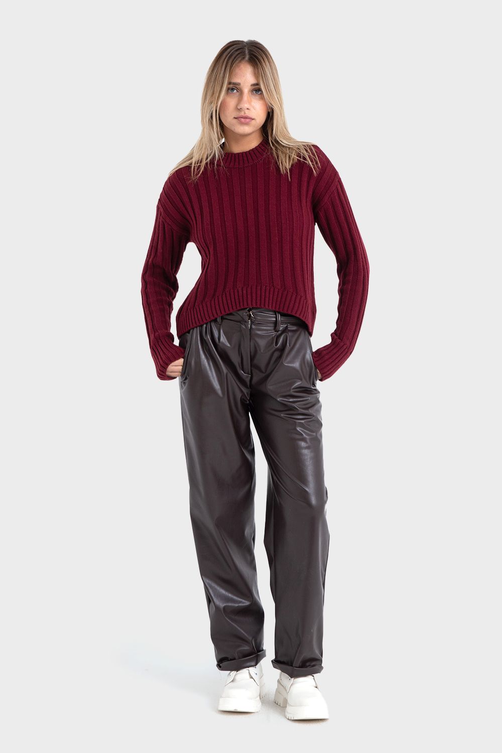 Okoye Maroon High Hip Ribbed Pullover