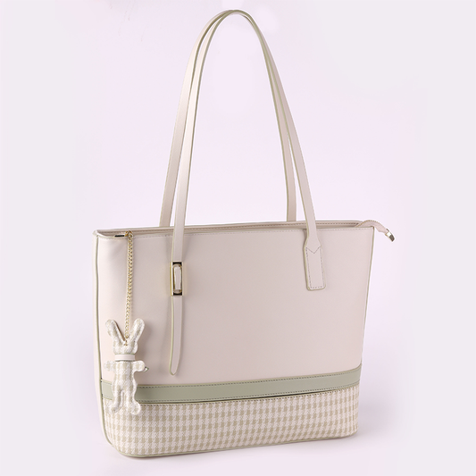 Beige Checkered Patterned Shoulder Bag