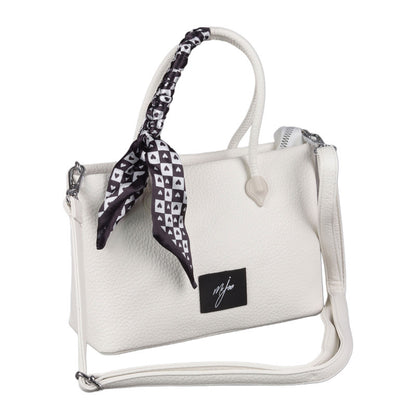 White Shoulder Handbag with Decorative Scarf