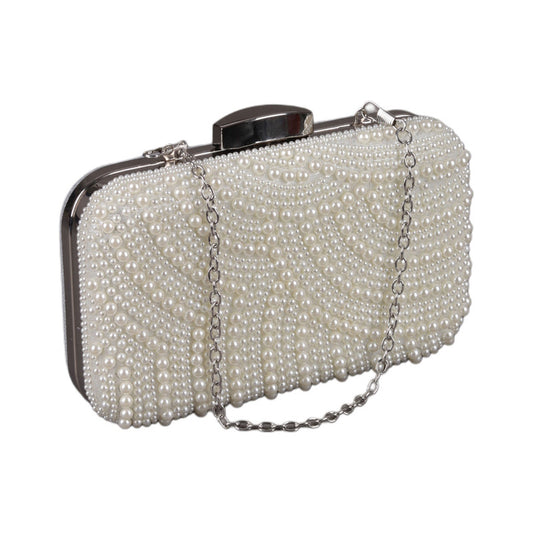 Beige Classic Soiree Clutch Studded with Faux Pearls