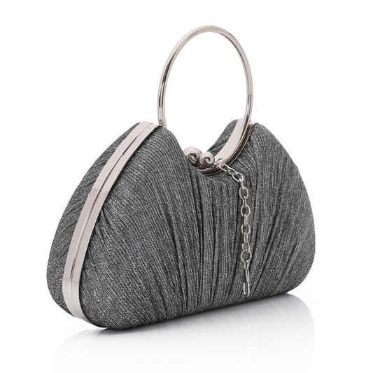 Gray Glittery Clutch with Circular Handle