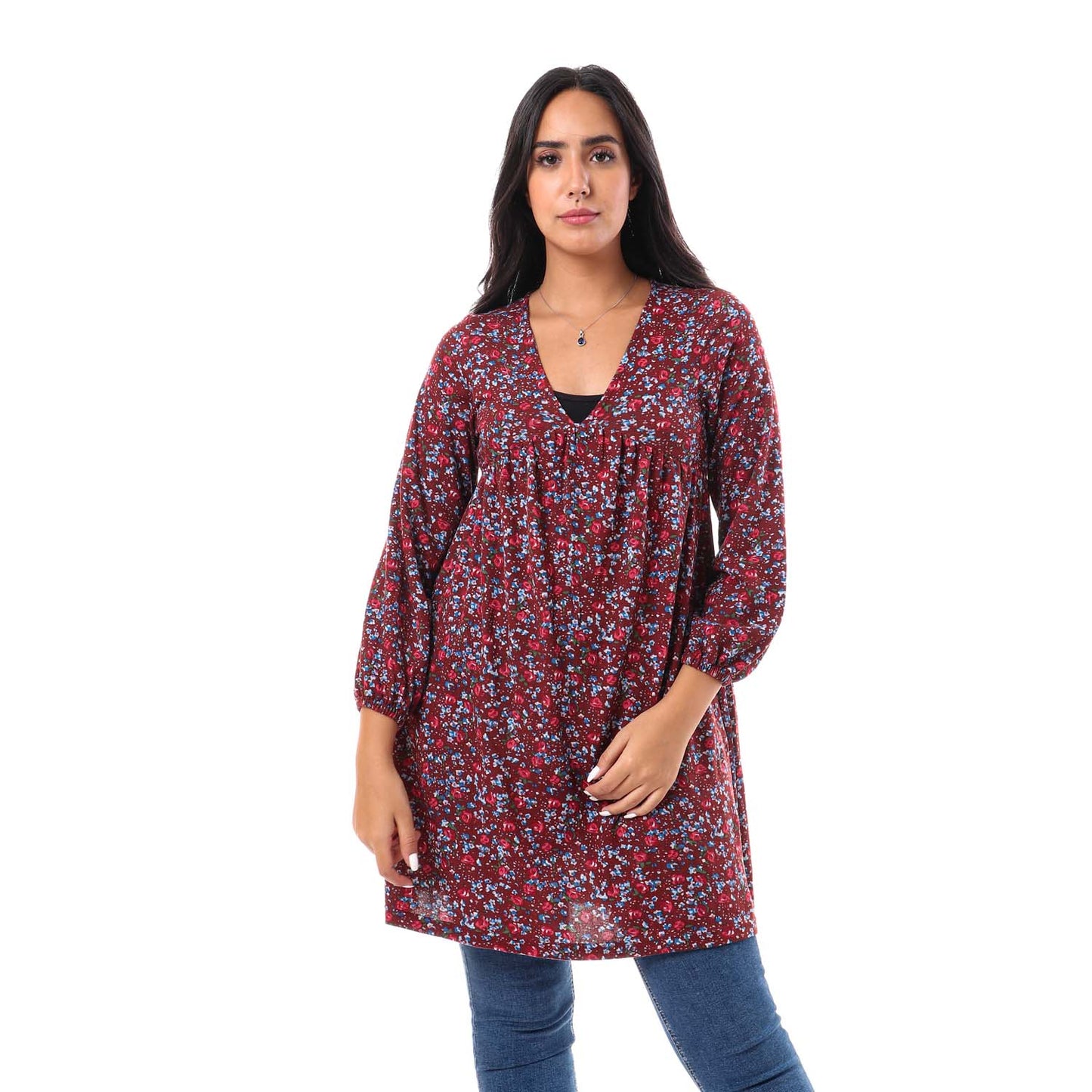 Floral V-Neck Tunic Top - توب بقصة تونك مشجر برقبة V