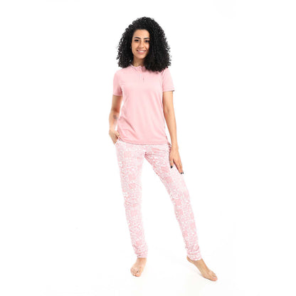 Self Pattern Short Sleeves Pajama Set - بيجامة منقوشة بأكمام قصيرة