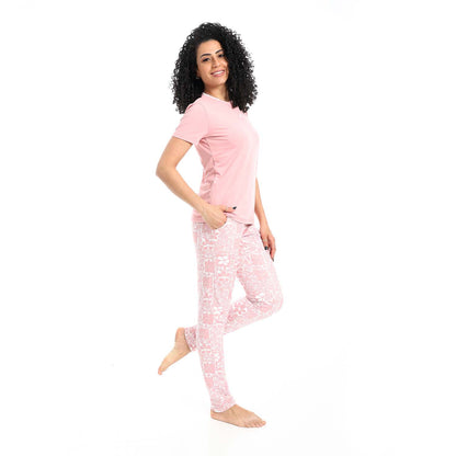 Self Pattern Short Sleeves Pajama Set - بيجامة منقوشة بأكمام قصيرة