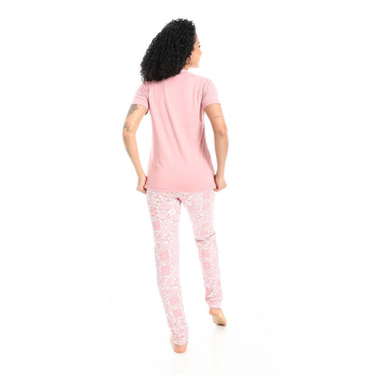 Self Pattern Short Sleeves Pajama Set - بيجامة منقوشة بأكمام قصيرة