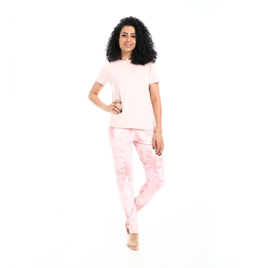 Self Pattern Short Sleeves Pajama Set - بيجامة منقوشة بأكمام قصيرة