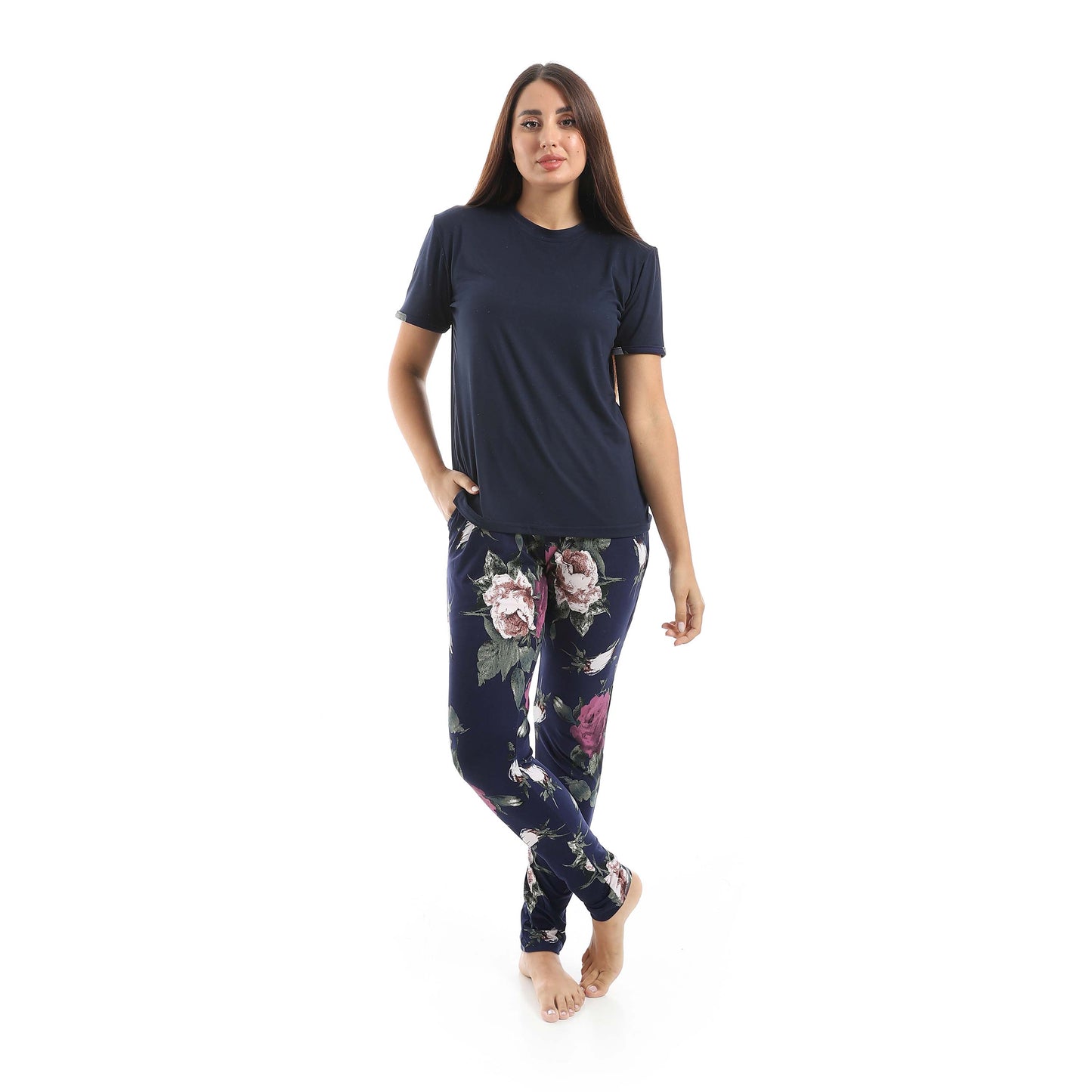 Navy Crew Neck Pajama Set with Pants - بيجامة من تي شيرت برقبة دائرية وبنطلون