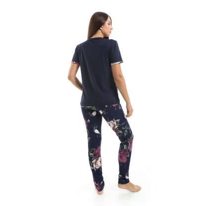 Navy Crew Neck Pajama Set with Pants - بيجامة من تي شيرت برقبة دائرية وبنطلون