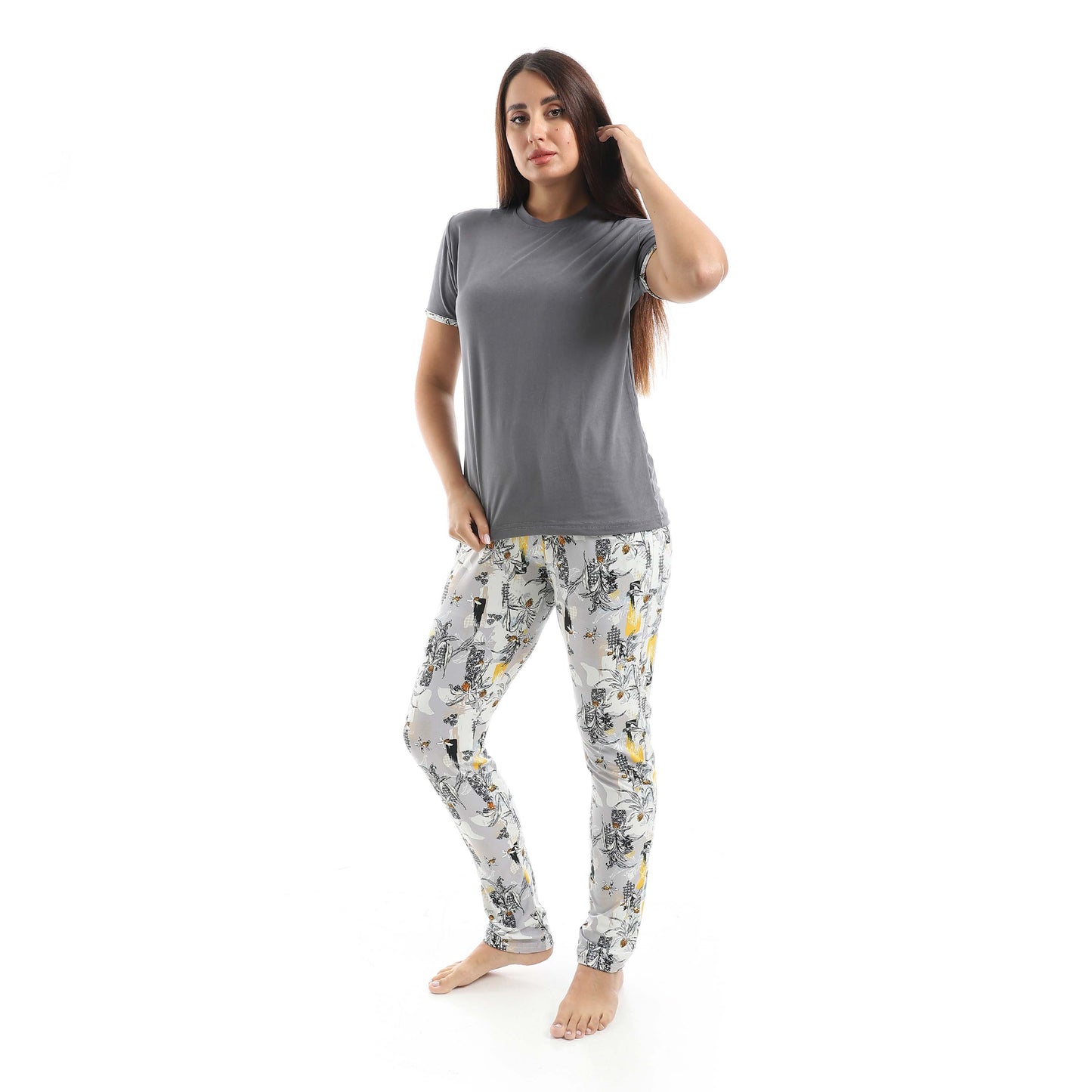 Charcoal Crew Neck Pajama Set with Pants - بيجامة من تي شيرت برقبة دائرية وبنطلون