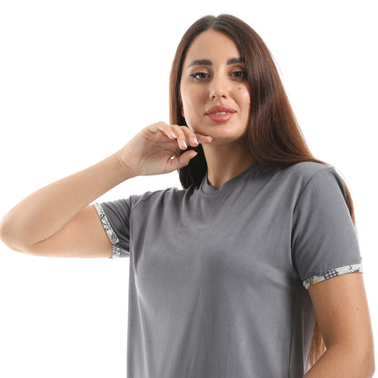 Charcoal Crew Neck Pajama Set with Pants - بيجامة من تي شيرت برقبة دائرية وبنطلون