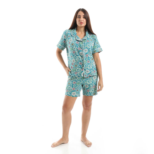 Turquoise Classic Shorts Pajama Set - طقم بيجامة شورت كلاسيك