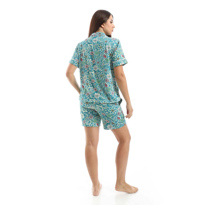 Turquoise Classic Shorts Pajama Set - طقم بيجامة شورت كلاسيك