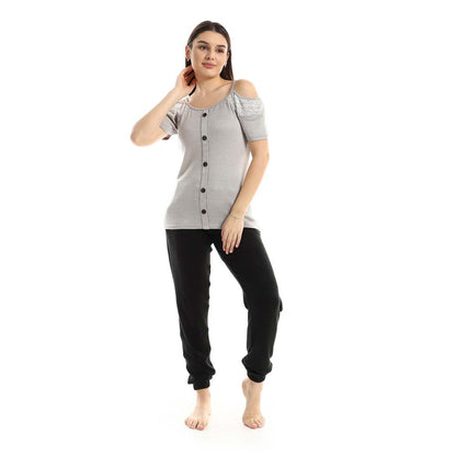 Cold Shoulder Pajama with Buttons - بيجامة أزرار بدون أكتاف