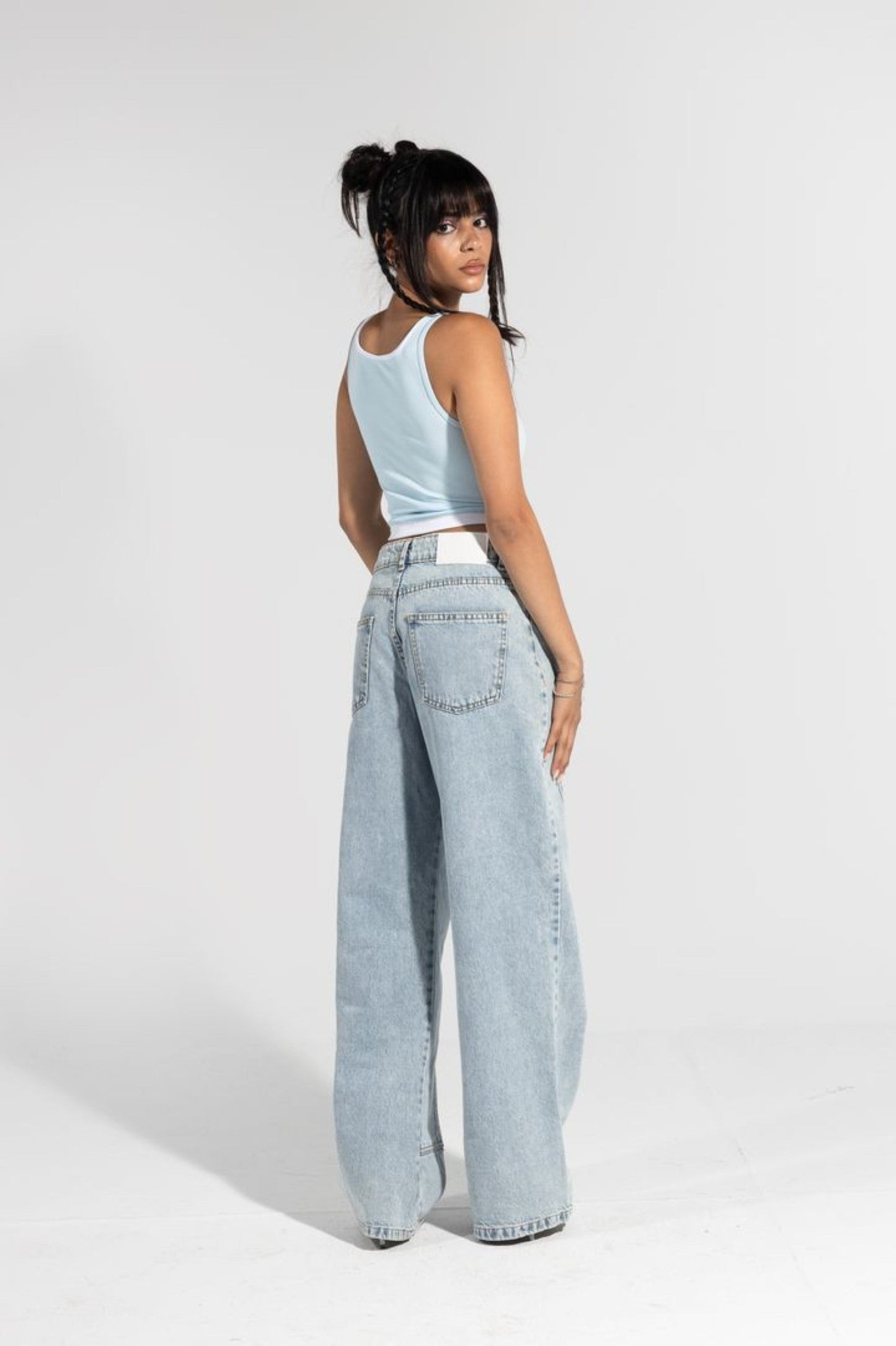 Blue Double Waist Wide Leg Jeans