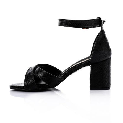 Cross Textured Leather Heeled Sandal