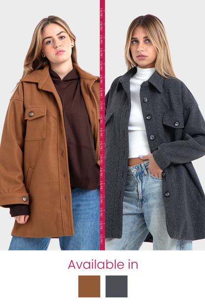 جاكيت بتصميم قميص أوفر سايز رمادي غامق، بريميوم لاين