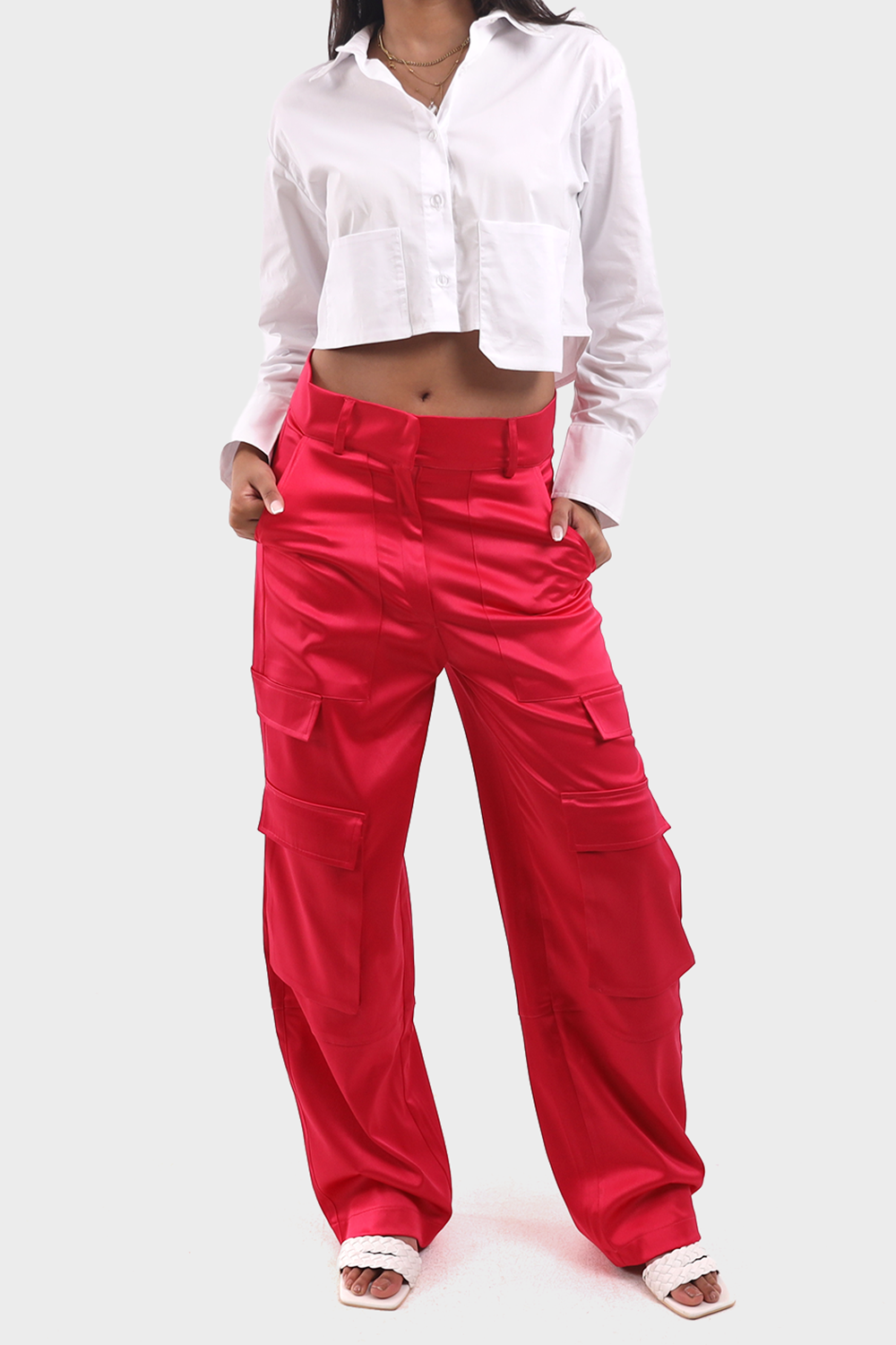 White Front Pockets Cropped Shirt