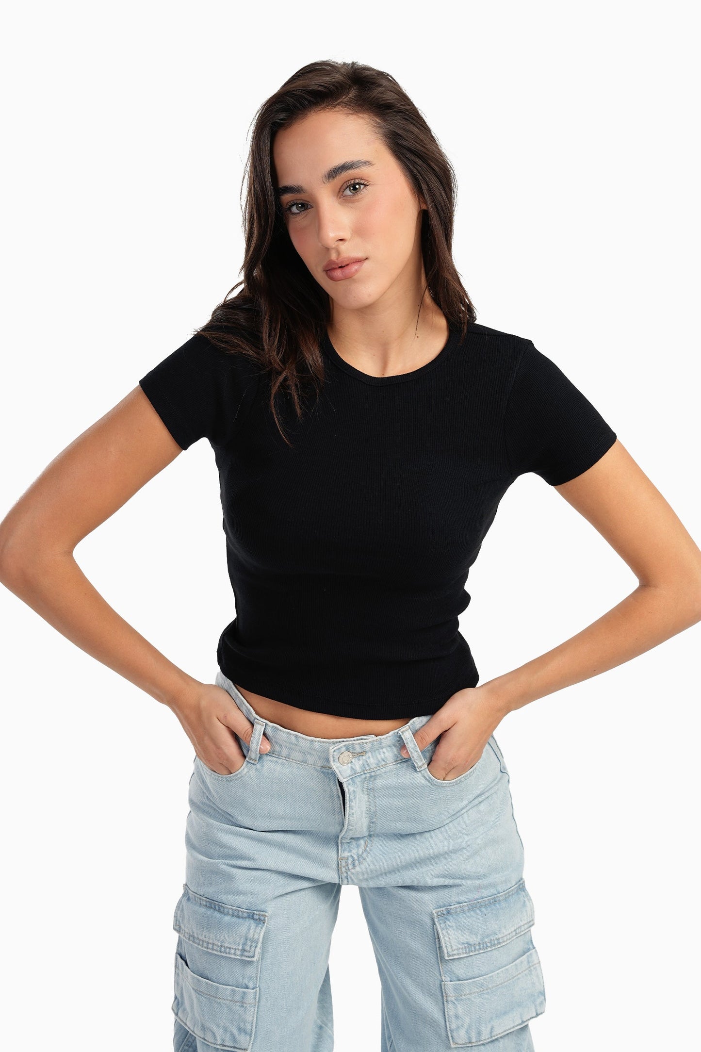 Black Ribbed Round Neck Top