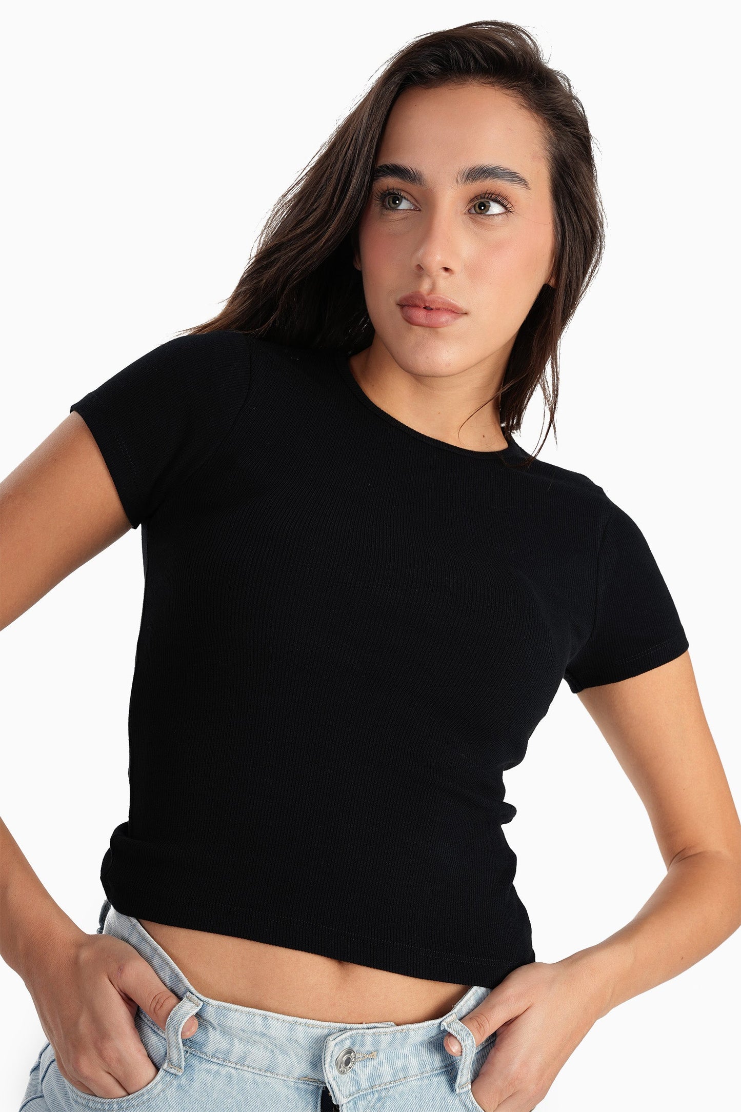 Black Ribbed Round Neck Top