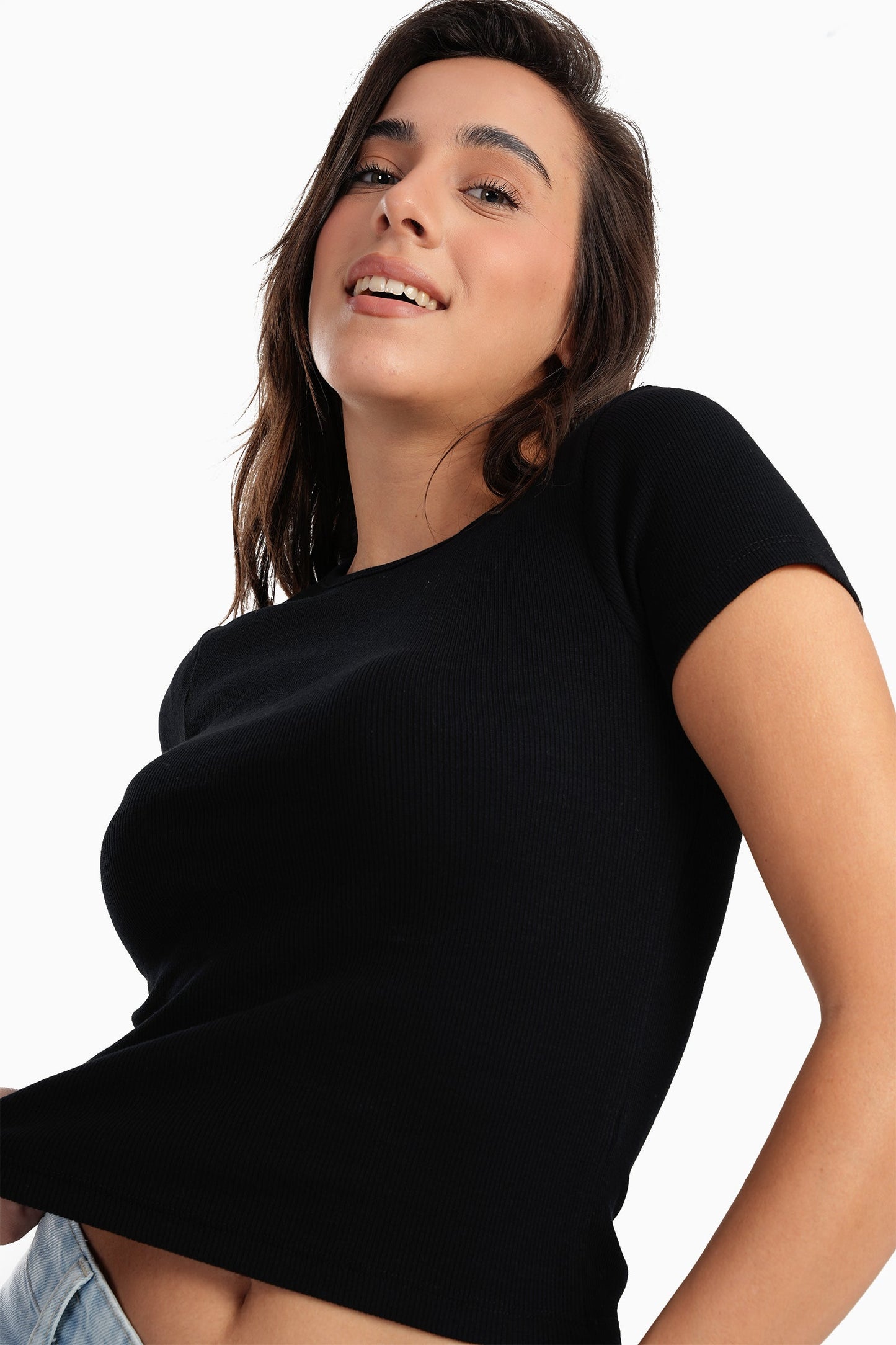 Black Ribbed Round Neck Top