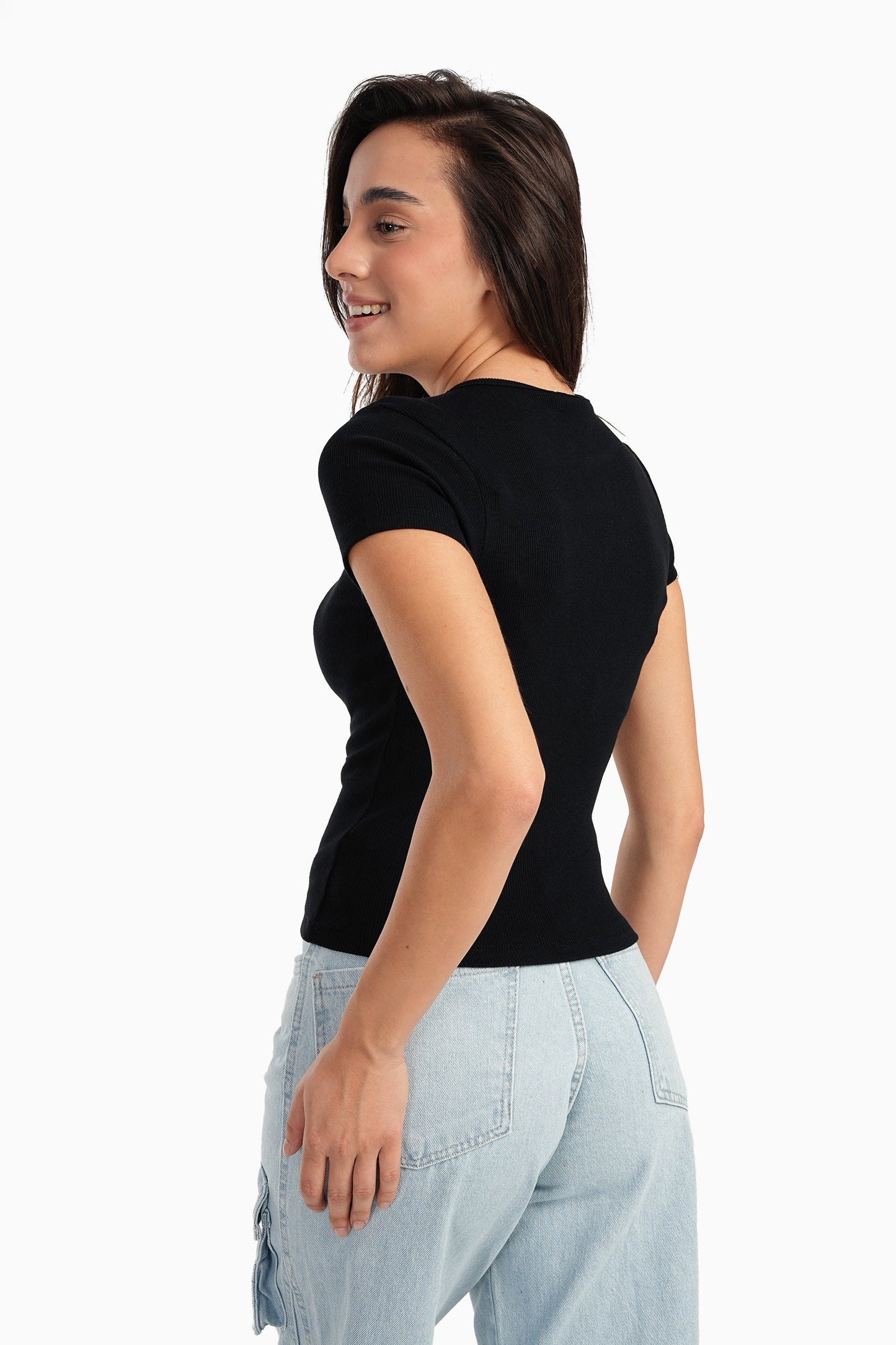 Black Ribbed Round Neck Top