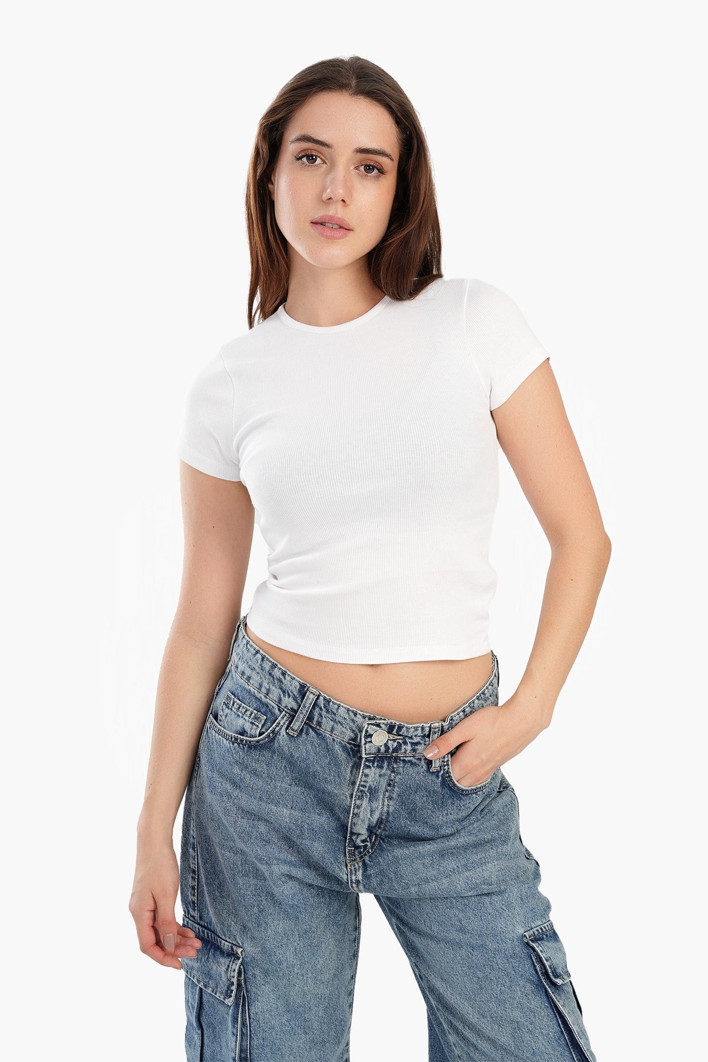 White Ribbed Round Neck Top