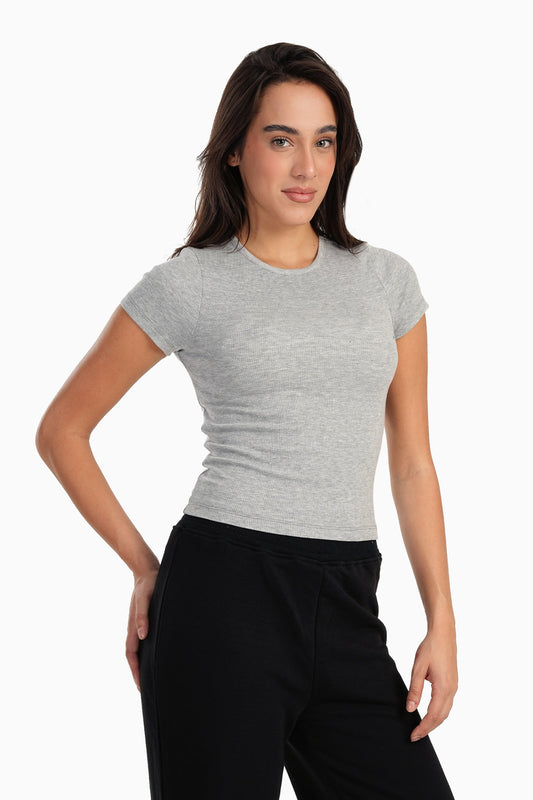 Gray Ribbed Round Neck Top