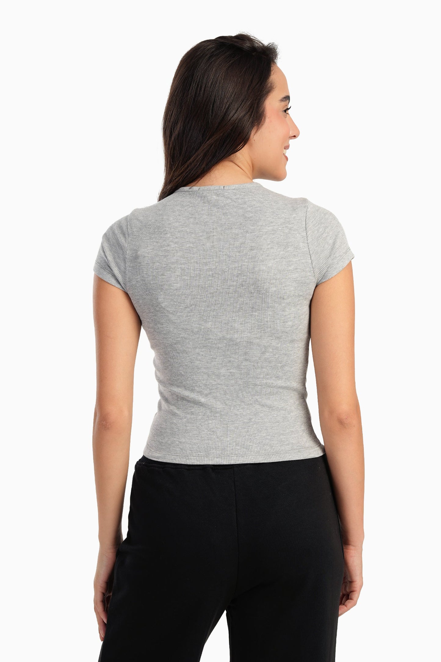 Gray Ribbed Round Neck Top