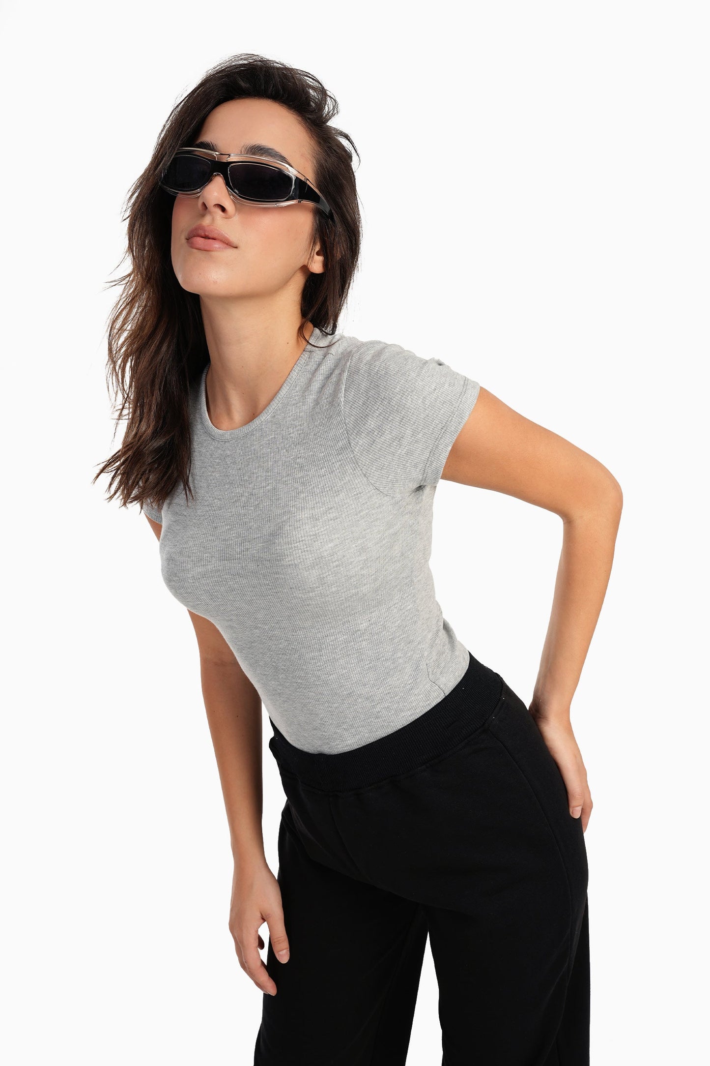 Gray Ribbed Round Neck Top