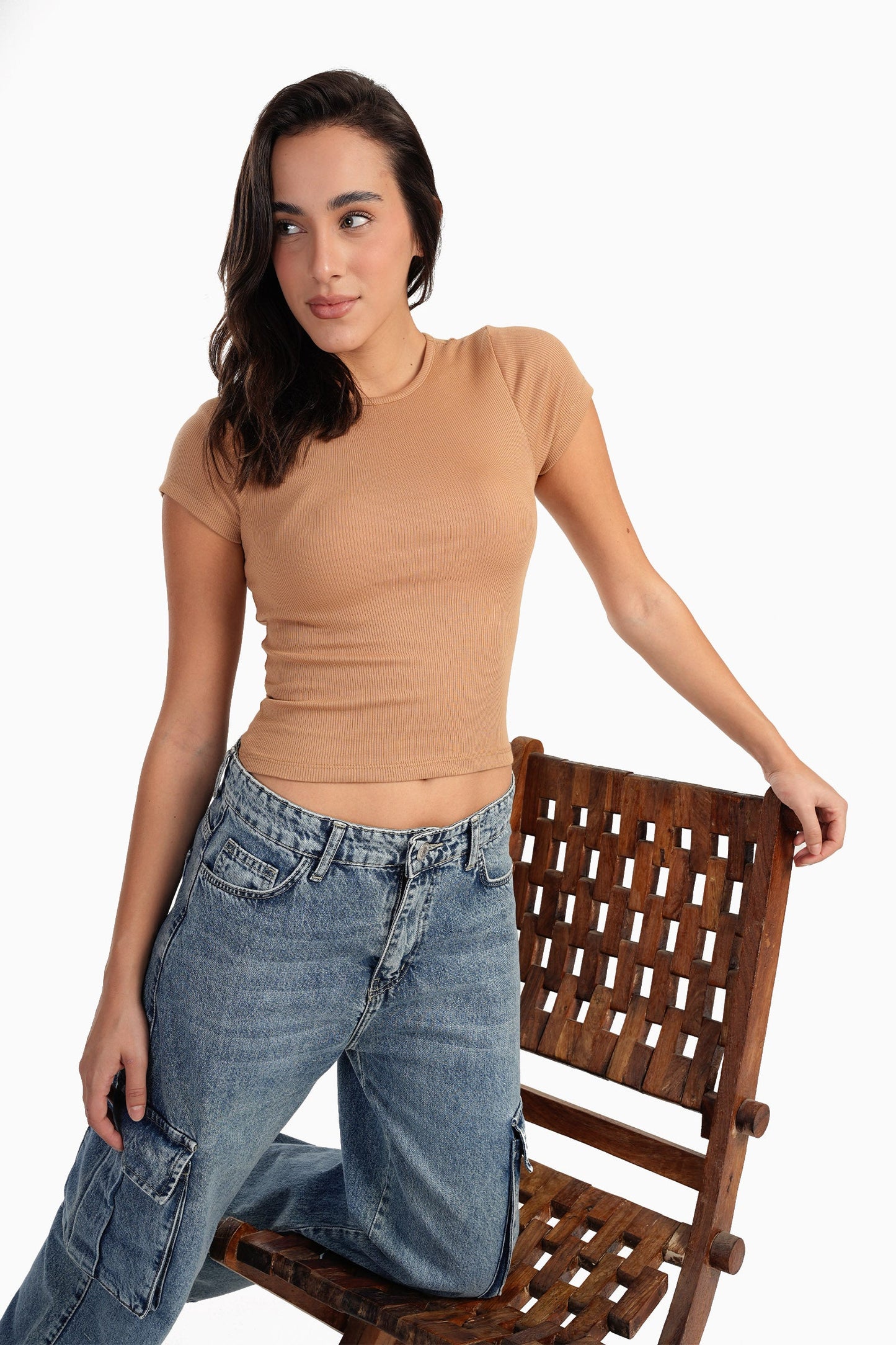 Coffee Ribbed Round Neck Top