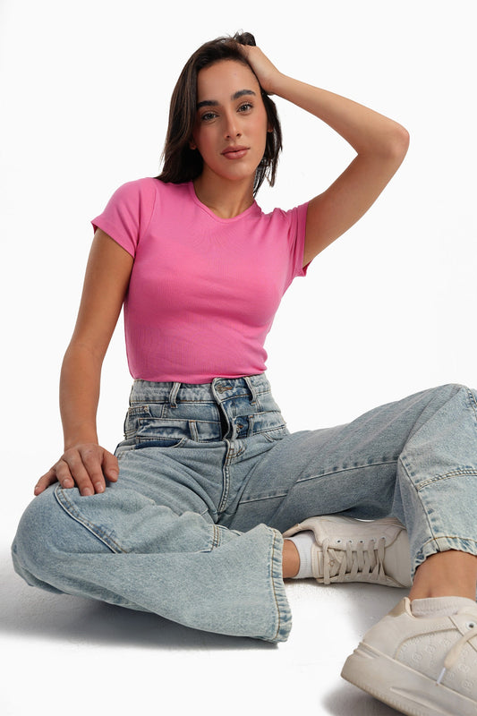 Pink Ribbed Round Neck Top