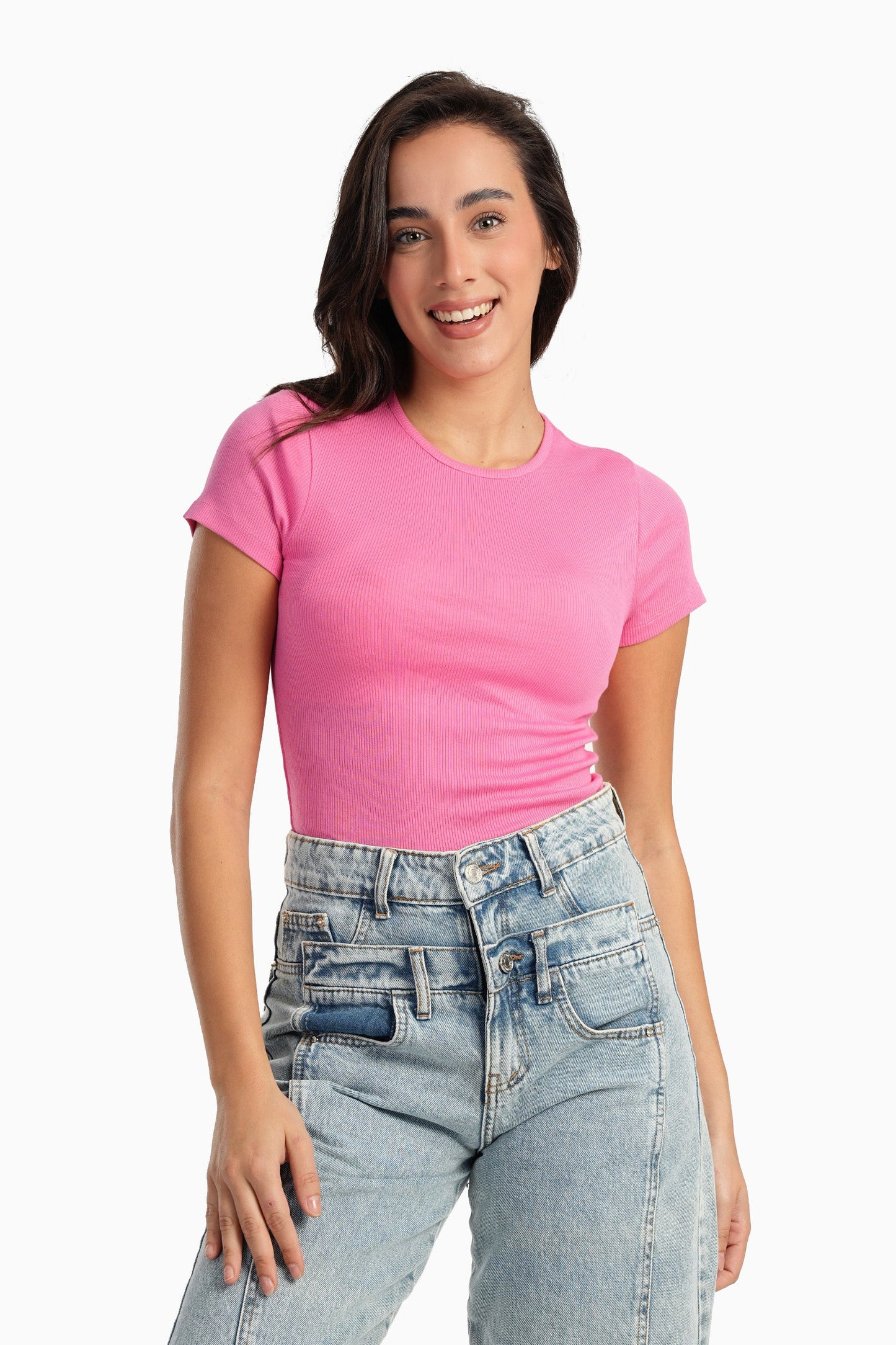 Pink Ribbed Round Neck Top