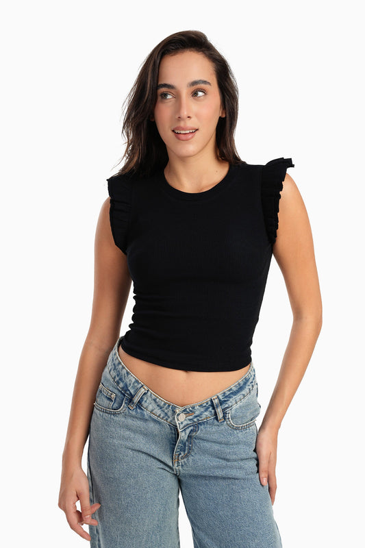 Black Ruffle Cap Sleeve Top