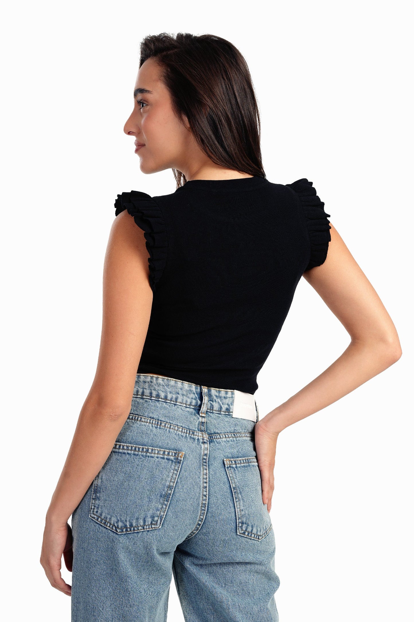 Black Ruffle Cap Sleeve Top